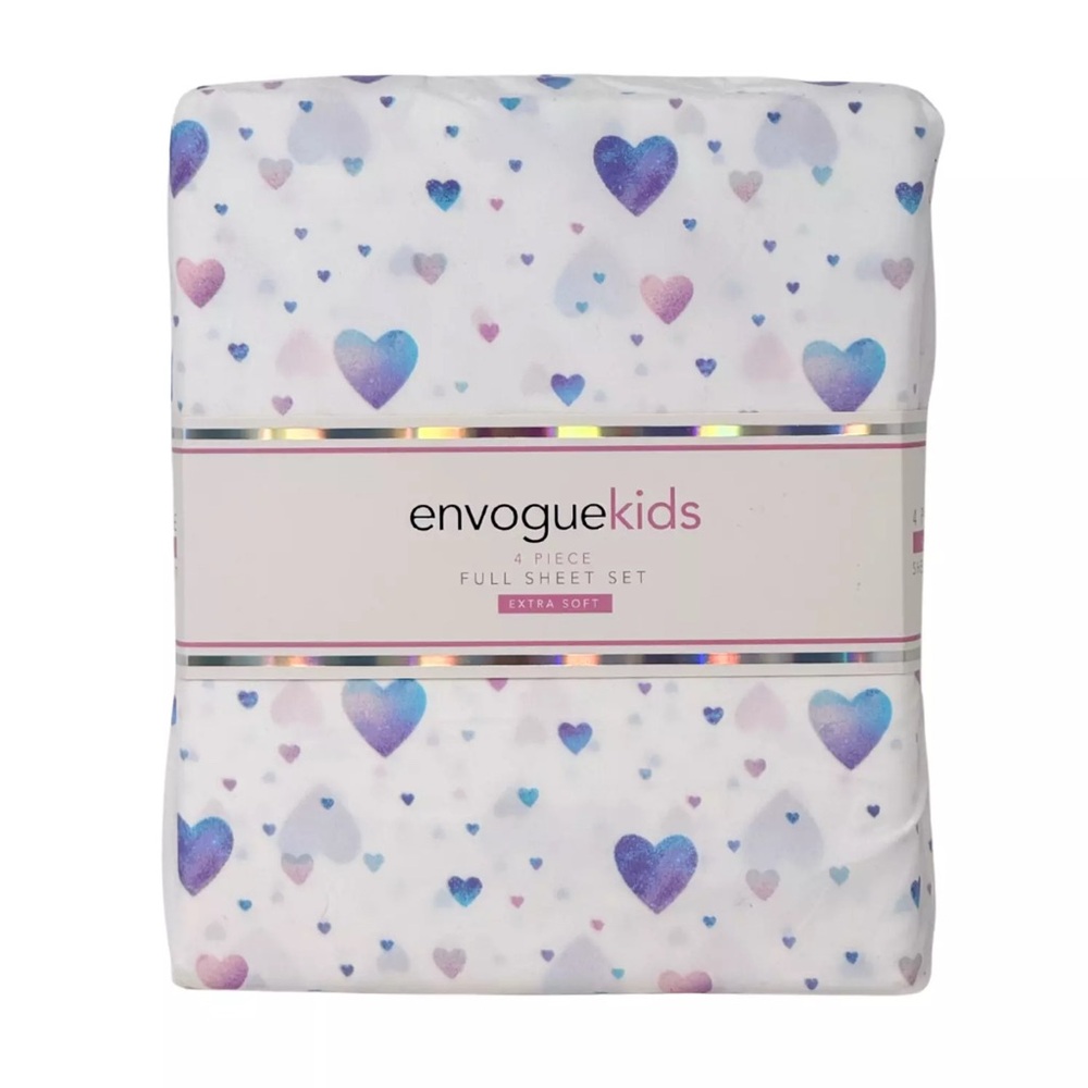 ENVOGUE Kids FULL 4 PC Extra Soft Sheet Set Pink Blue Purple Hearts on White NEW